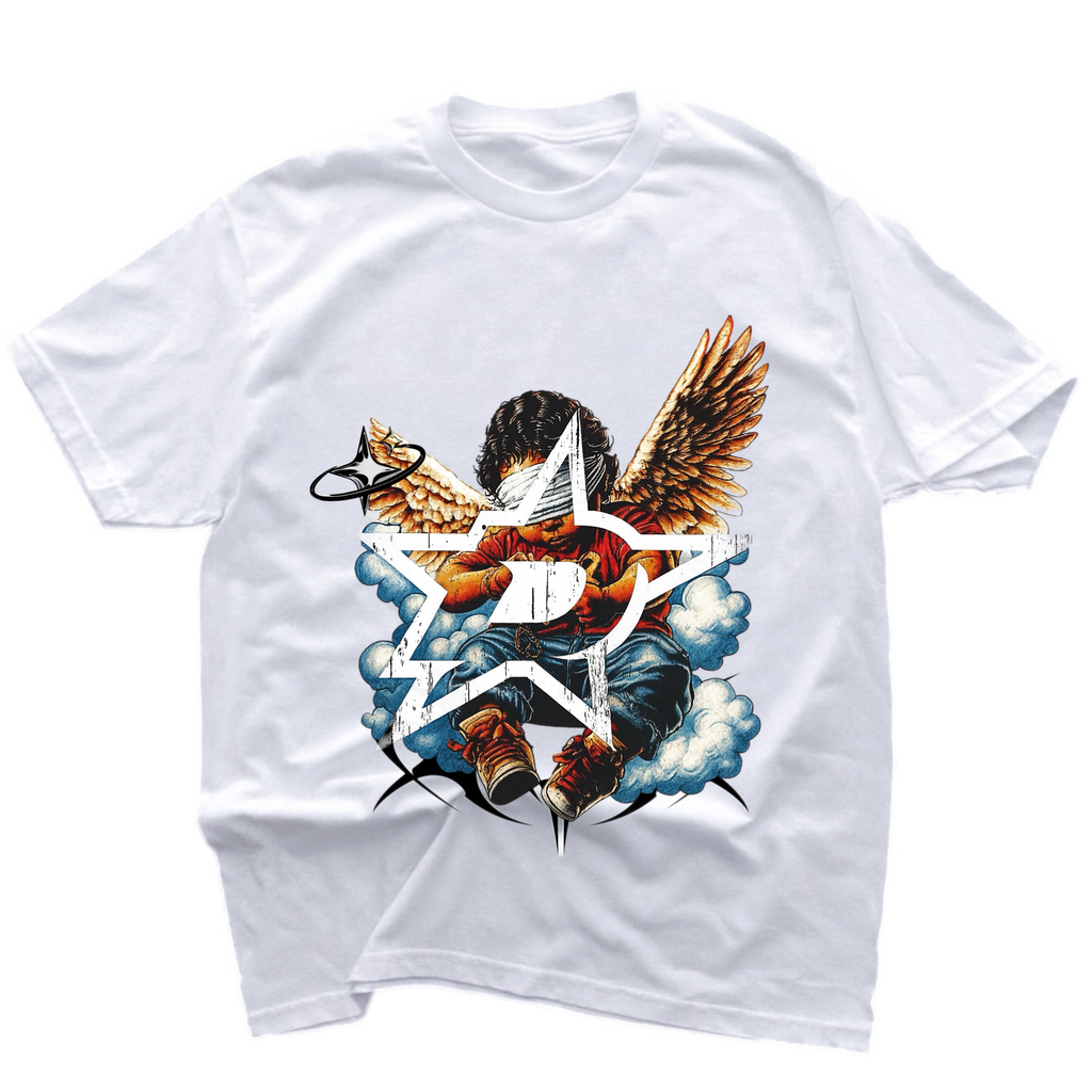 White t-shirt with a colorful eagle graphic design on a white background