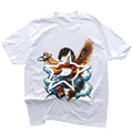 White t-shirt with a colorful eagle graphic design on a white background