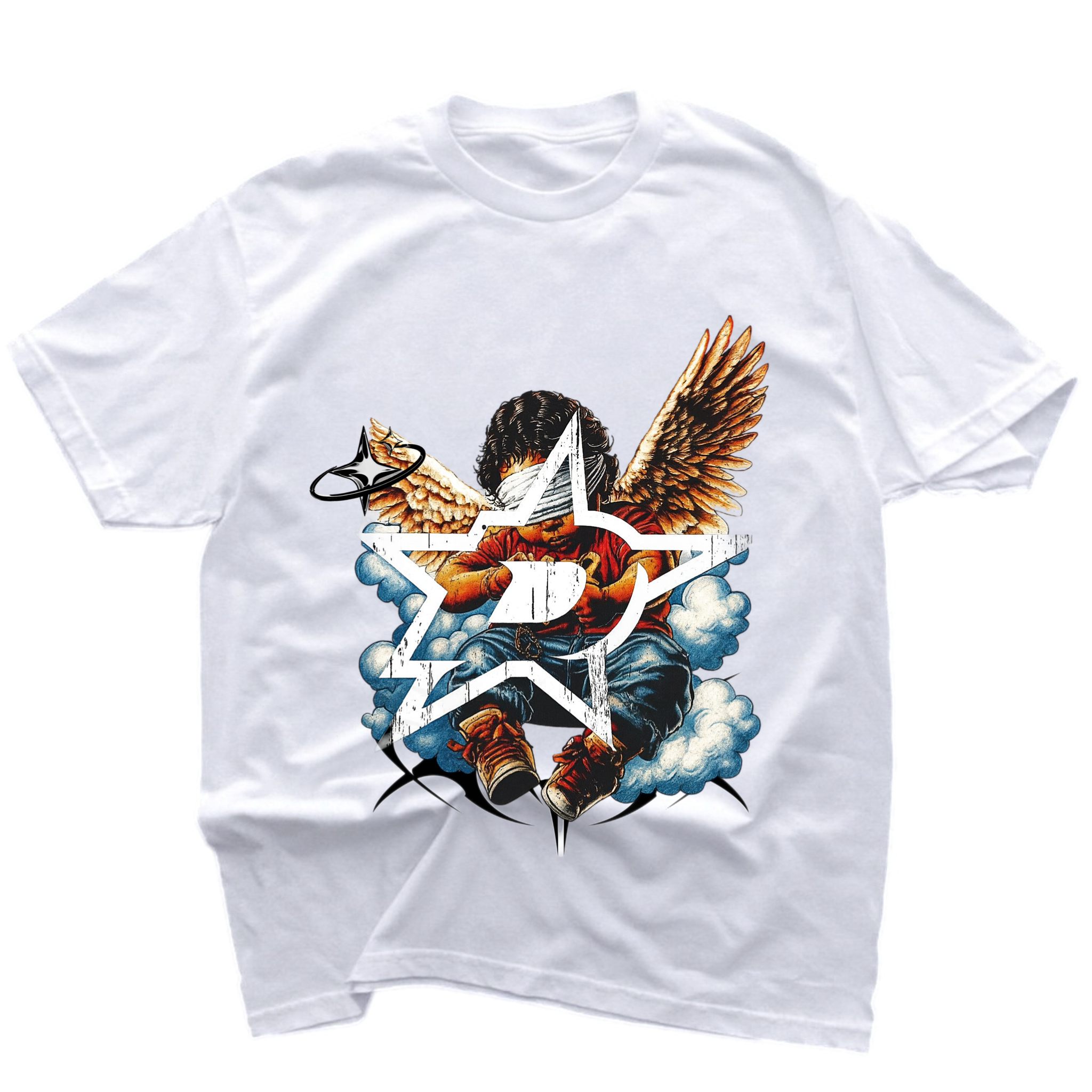 White t-shirt with a colorful eagle graphic design on a white background
